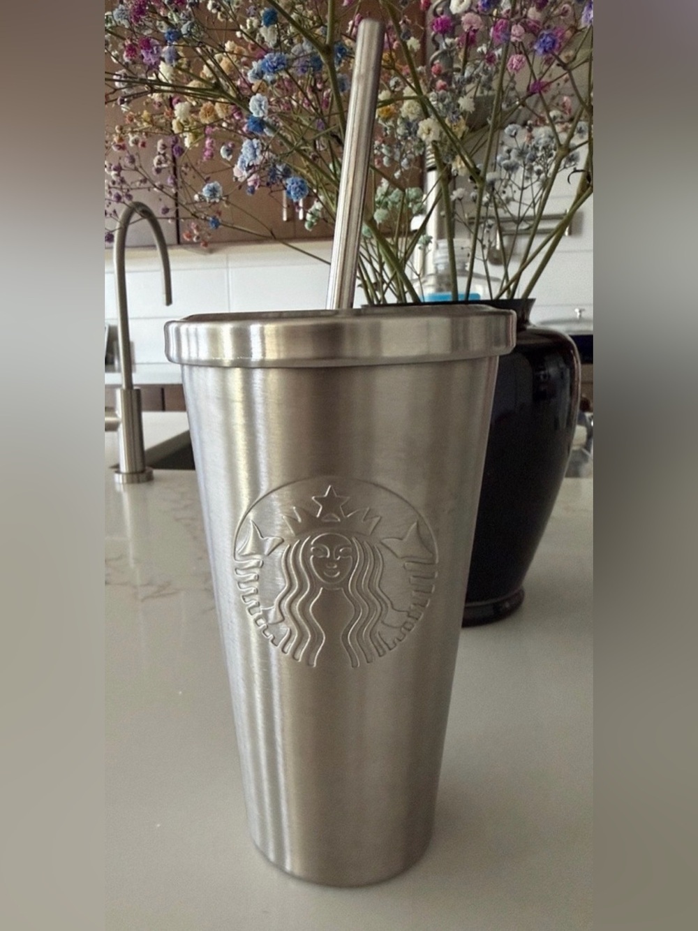 Starbucks Brushed Silver Stainless Steel Tumbler with Straw